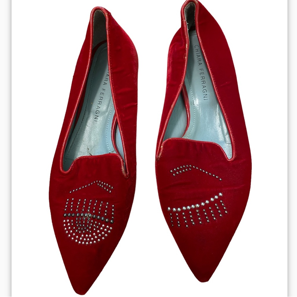 Chiara Ferragni / red velvet Flirting winking eye loafers pointed toe Flats 38 8